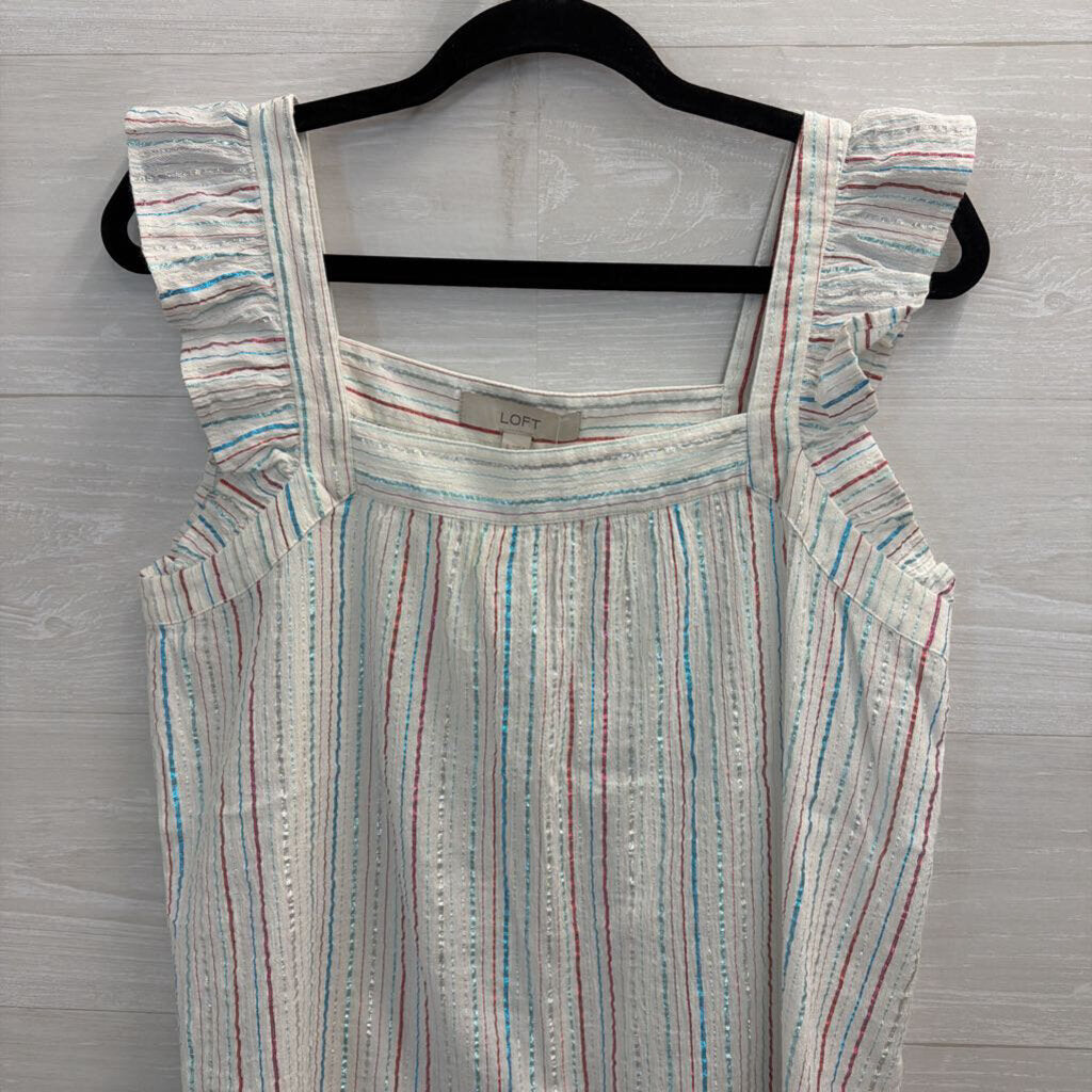 Loft White/ Multi Metallic Stripe Short Flutter Sleeve Top Small