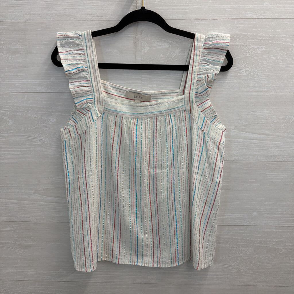 Loft White/ Multi Metallic Stripe Short Flutter Sleeve Top Small