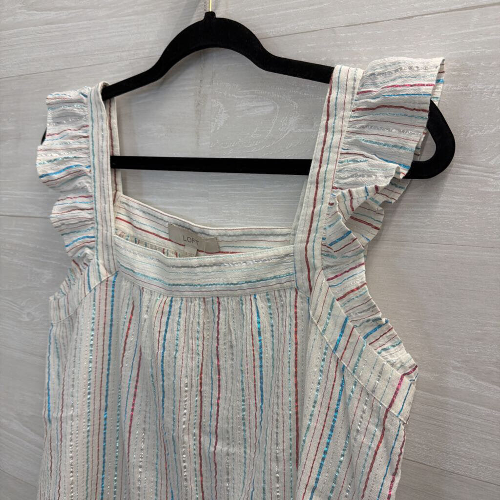 Loft White/ Multi Metallic Stripe Short Flutter Sleeve Top Small