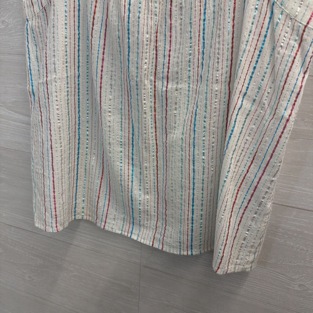 Loft White/ Multi Metallic Stripe Short Flutter Sleeve Top Small