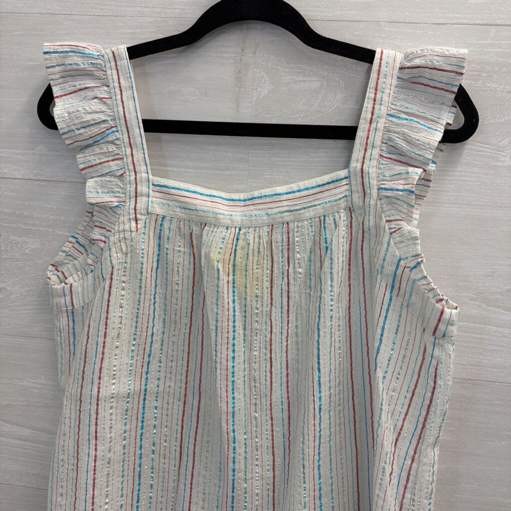 Loft White/ Multi Metallic Stripe Short Flutter Sleeve Top Small