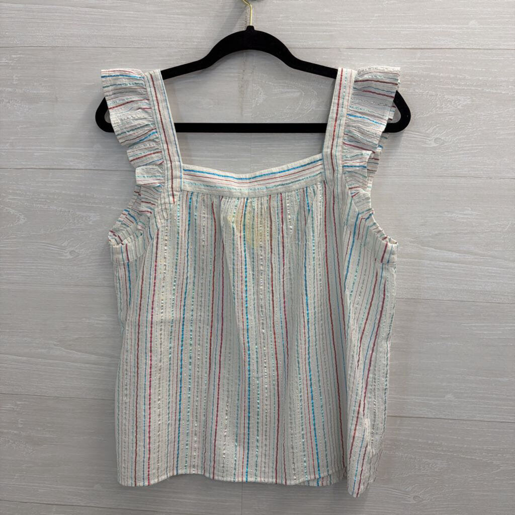 Loft White/ Multi Metallic Stripe Short Flutter Sleeve Top Small
