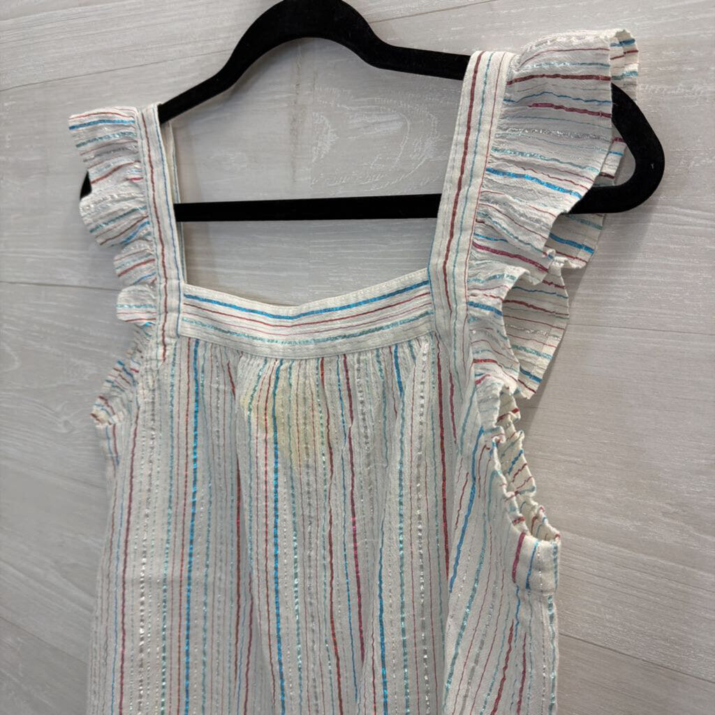 Loft White/ Multi Metallic Stripe Short Flutter Sleeve Top Small