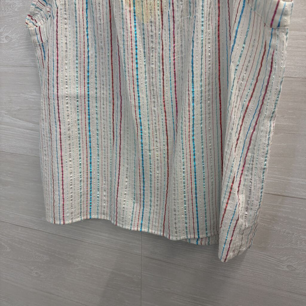 Loft White/ Multi Metallic Stripe Short Flutter Sleeve Top Small