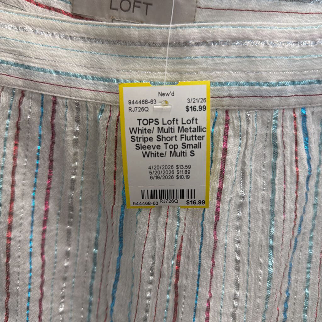 Loft White/ Multi Metallic Stripe Short Flutter Sleeve Top Small