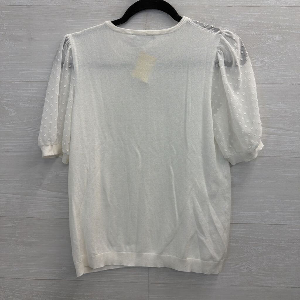 Adrianna Papell White Short Puff Dot Sleeve Top Small