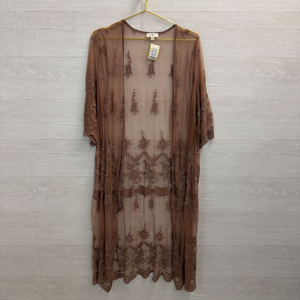 Umgee Brown Sheer Embroidered Duster Kimono Medium