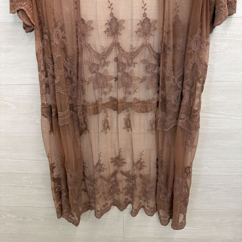 Umgee Brown Sheer Embroidered Duster Kimono Medium