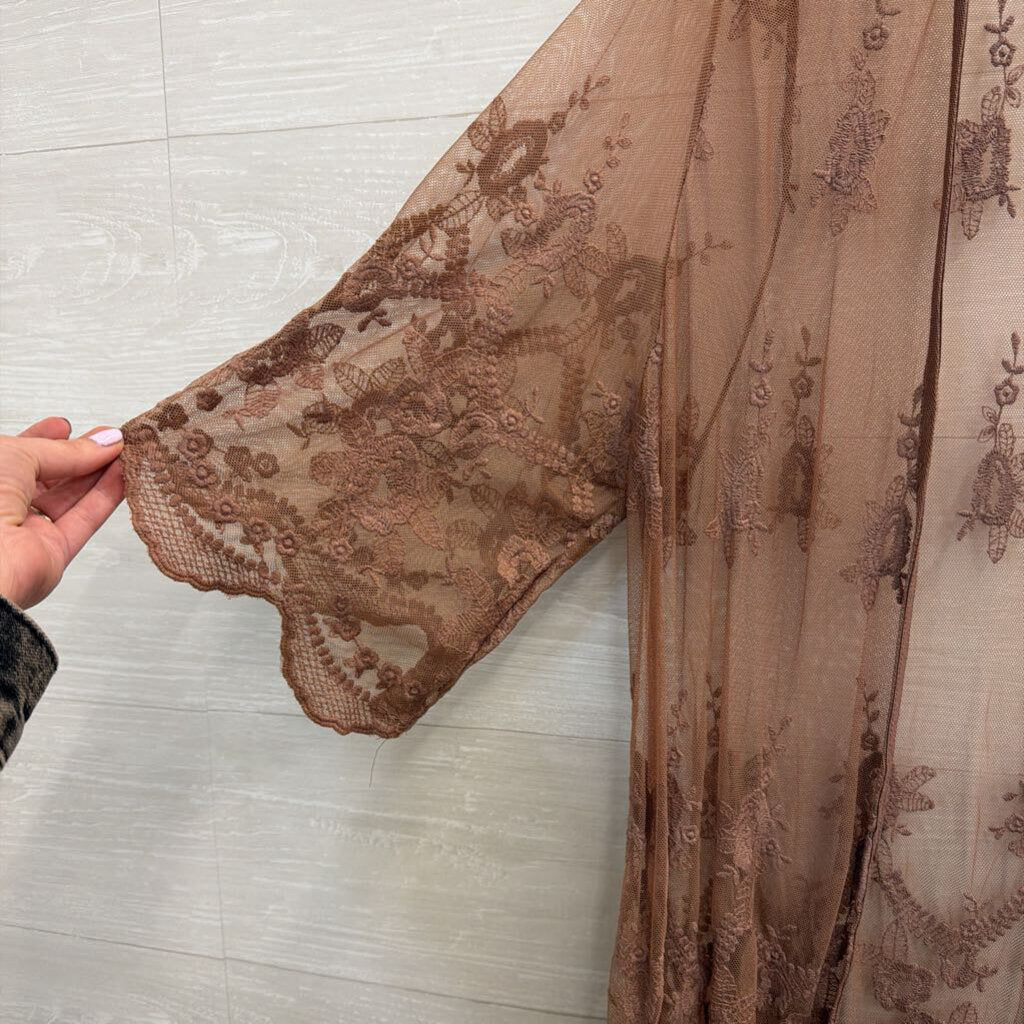 Umgee Brown Sheer Embroidered Duster Kimono Medium