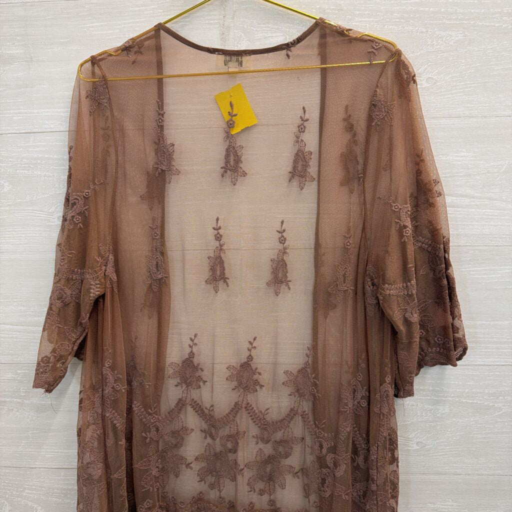 Umgee Brown Sheer Embroidered Duster Kimono Medium