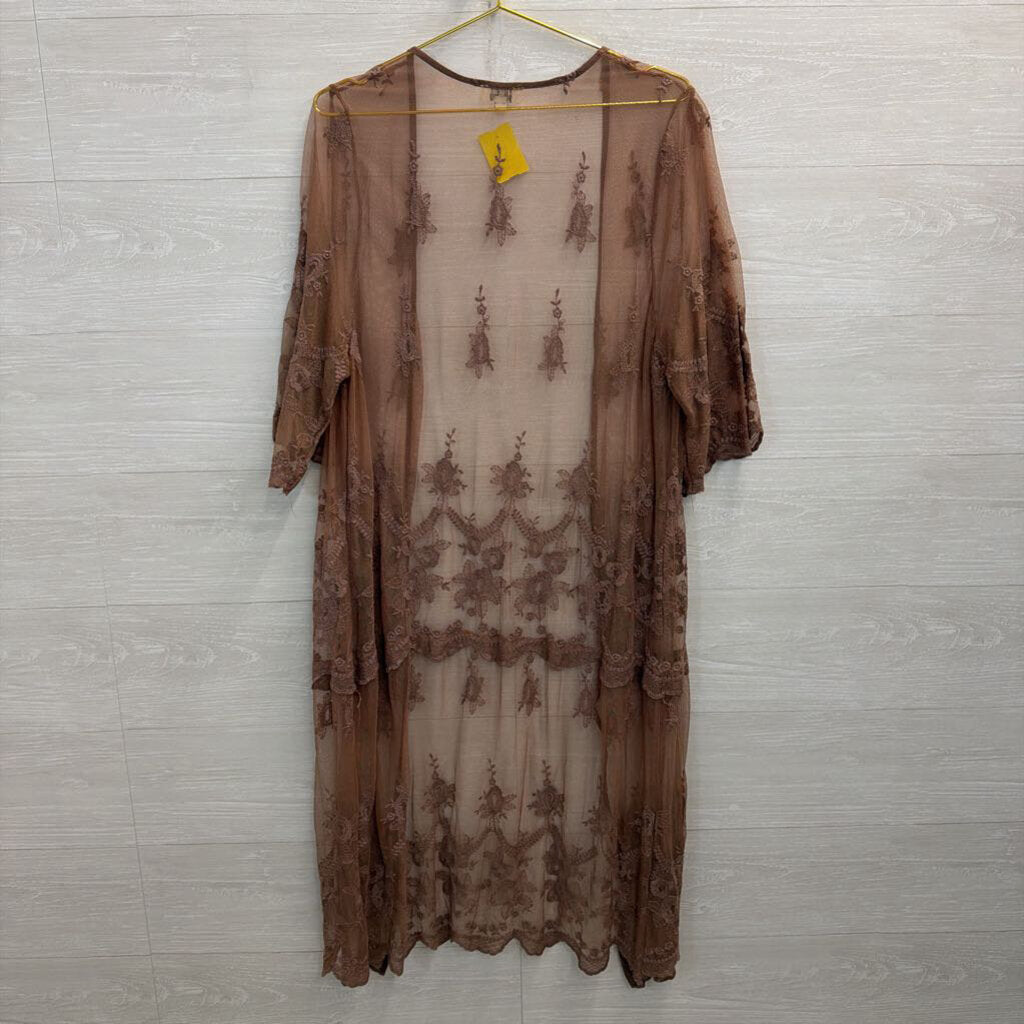 Umgee Brown Sheer Embroidered Duster Kimono Medium