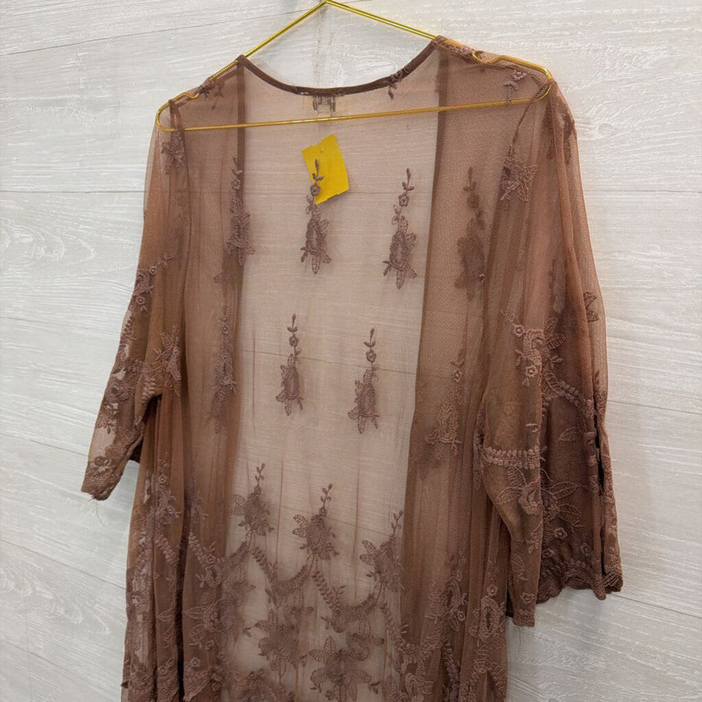 Umgee Brown Sheer Embroidered Duster Kimono Medium