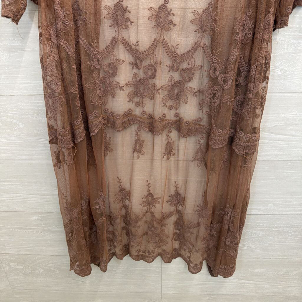 Umgee Brown Sheer Embroidered Duster Kimono Medium