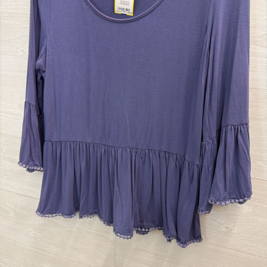 Ya Los Angeles Blue Ruffle Hem Long Sleeve Top Medium