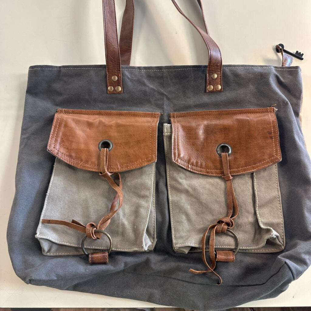 Mono B Grey Canvas/ Brown Leather Tote Purse