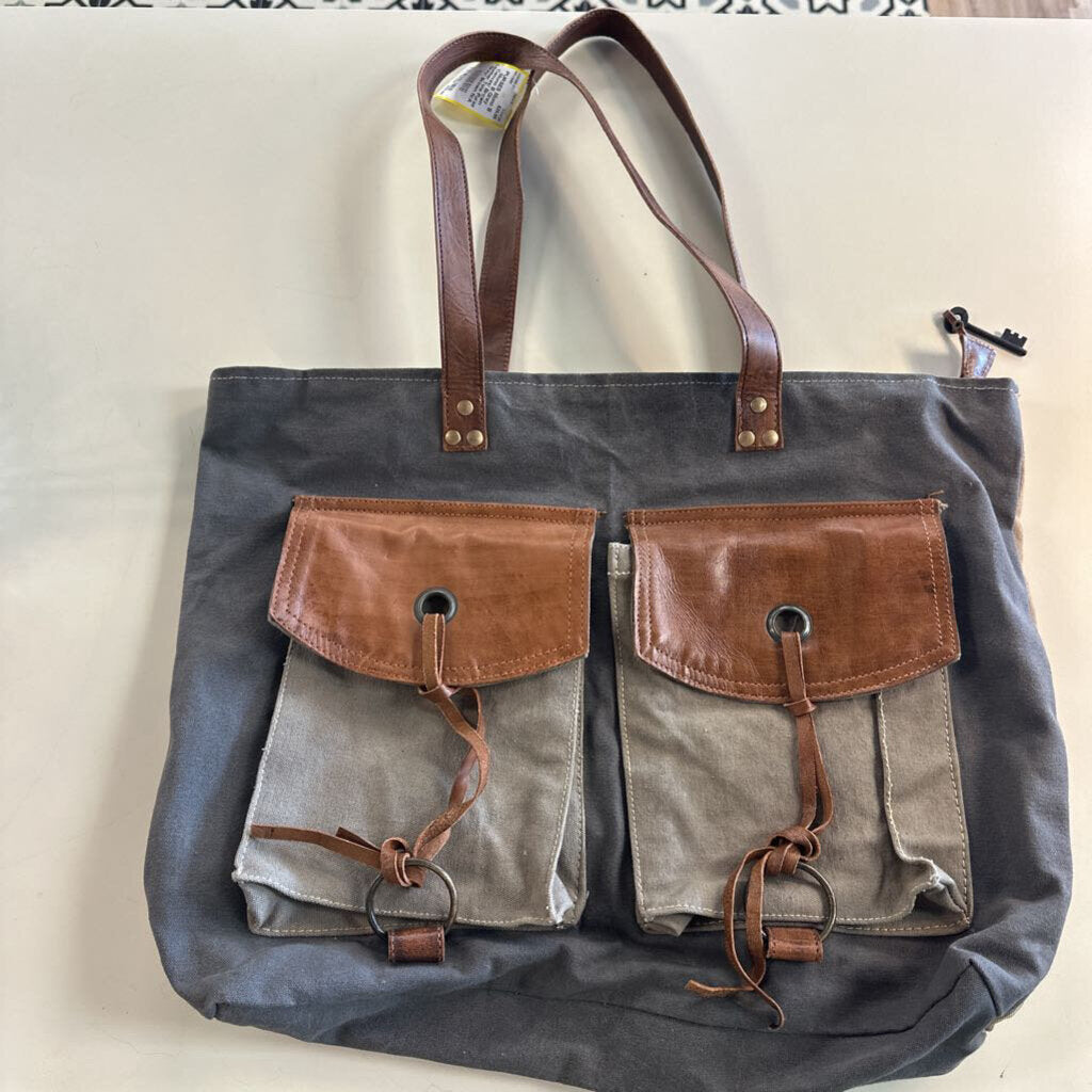 Mono B Grey Canvas/ Brown Leather Tote Purse