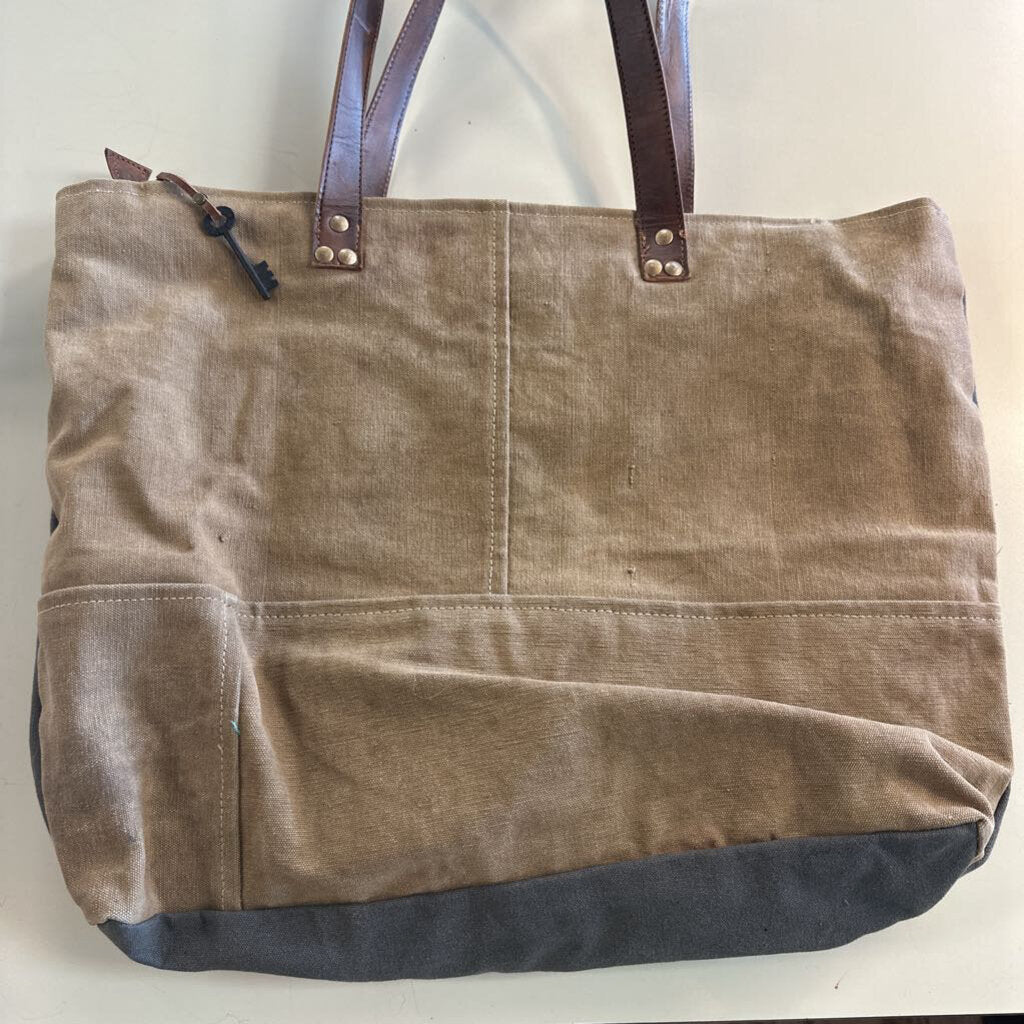 Mono B Grey Canvas/ Brown Leather Tote Purse