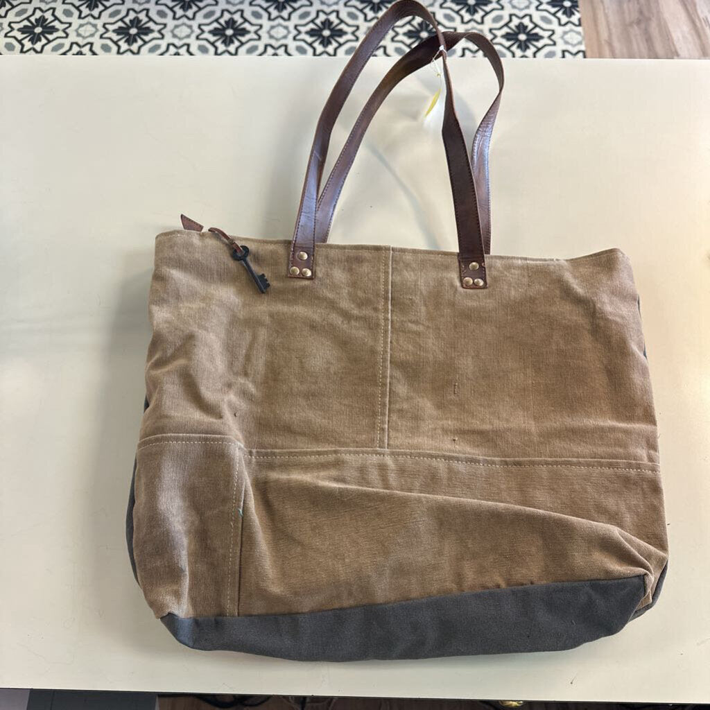 Mono B Grey Canvas/ Brown Leather Tote Purse