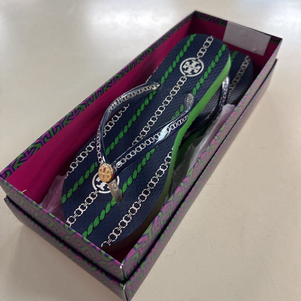 Tory Burch Navy/ Green Printed Thin Flip Flops 5