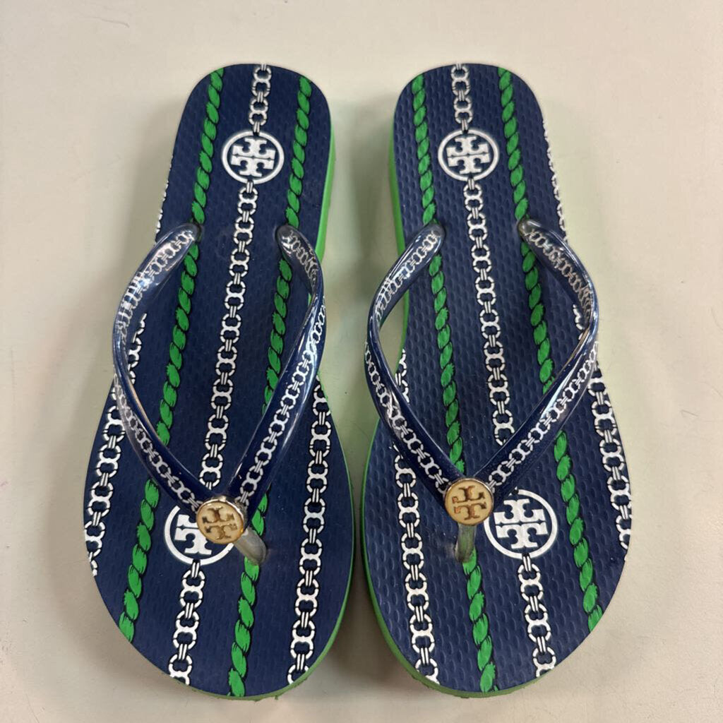 Tory Burch Navy/ Green Printed Thin Flip Flops 5