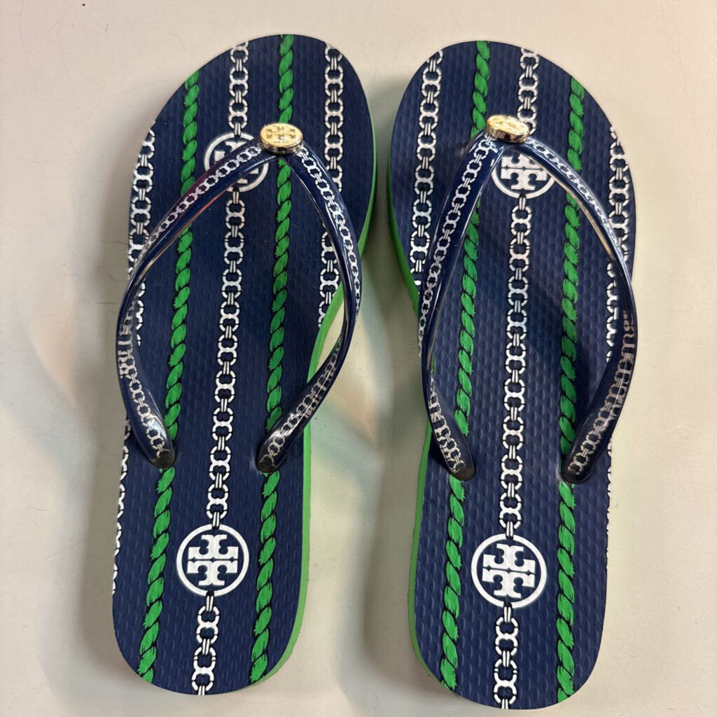 Tory Burch Navy/ Green Printed Thin Flip Flops 5