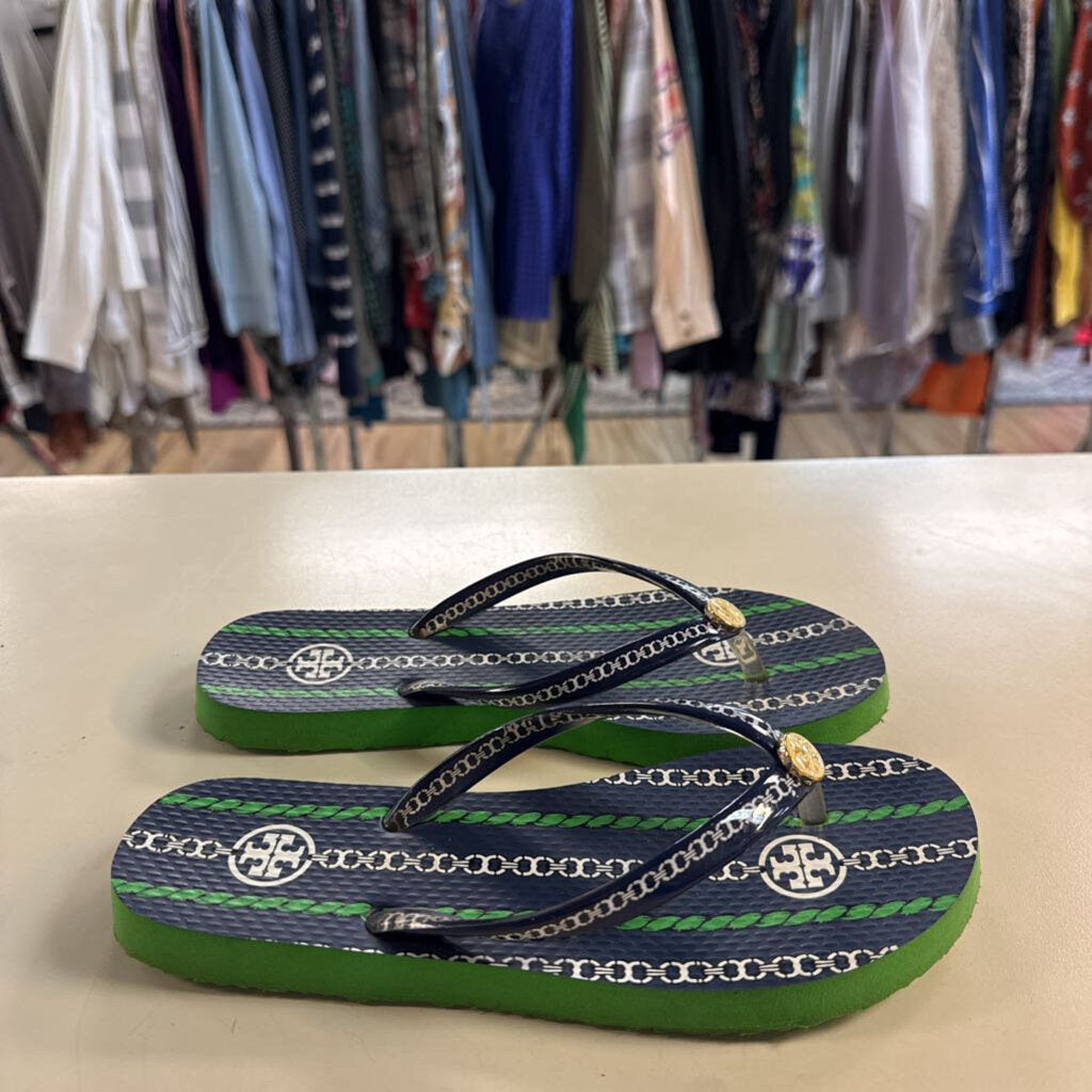 Tory Burch Navy/ Green Printed Thin Flip Flops 5