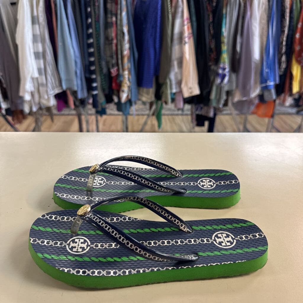 Tory Burch Navy/ Green Printed Thin Flip Flops 5