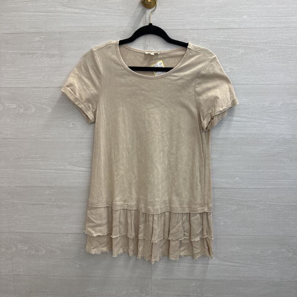 Mystree Beige Short Sleeve Ruffle Hem Top Small