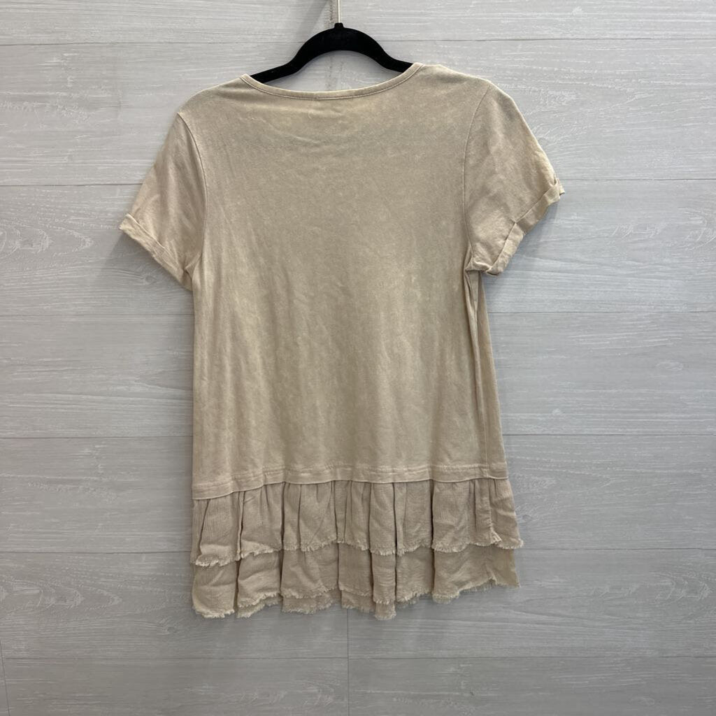 Mystree Beige Short Sleeve Ruffle Hem Top Small