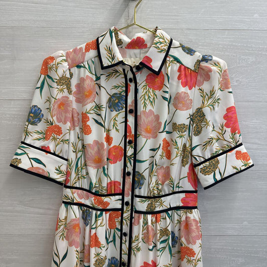 Kate Spade White/ Multi Blossom Fluid Short Sleeve Button Down Dress 0