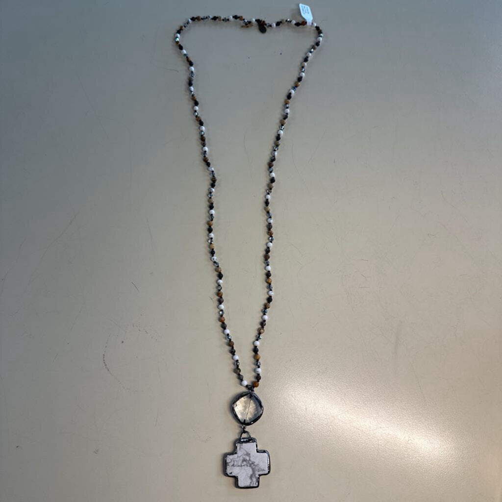 Beaded Cross Pendant Long Necklace