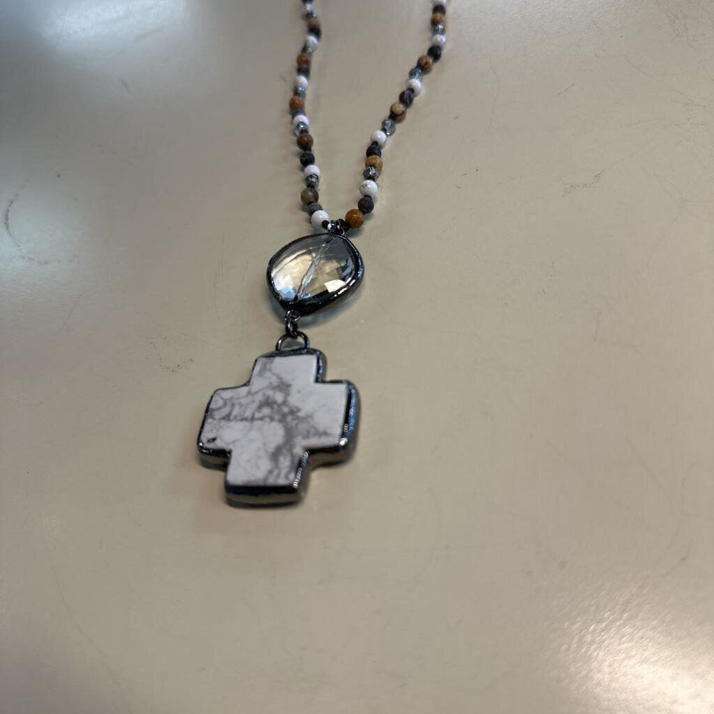 Beaded Cross Pendant Long Necklace
