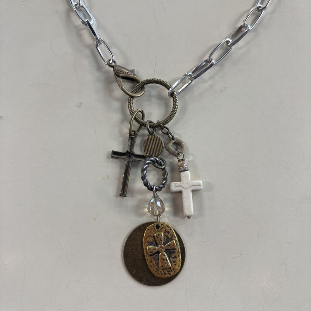 Silver/ Bronze Cross Layered Pendant Necklace