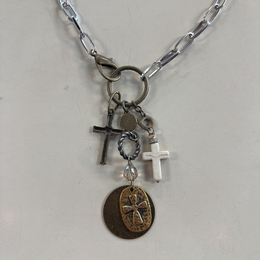 Silver/ Bronze Cross Layered Pendant Necklace