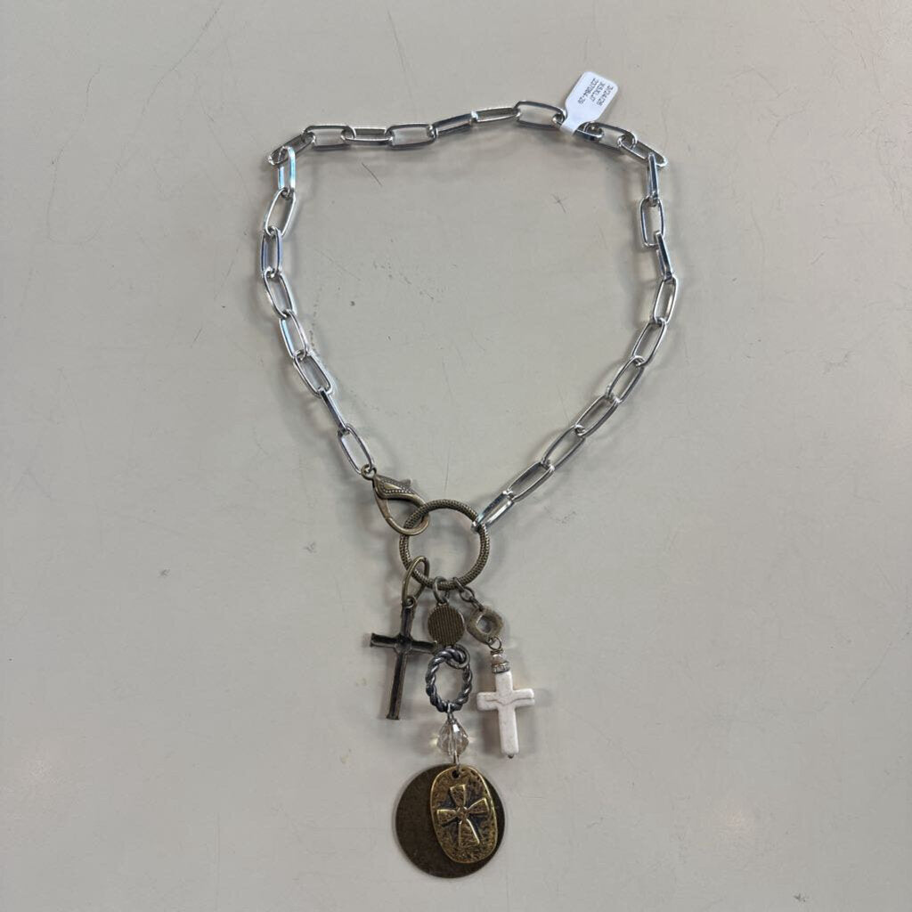 Silver/ Bronze Cross Layered Pendant Necklace