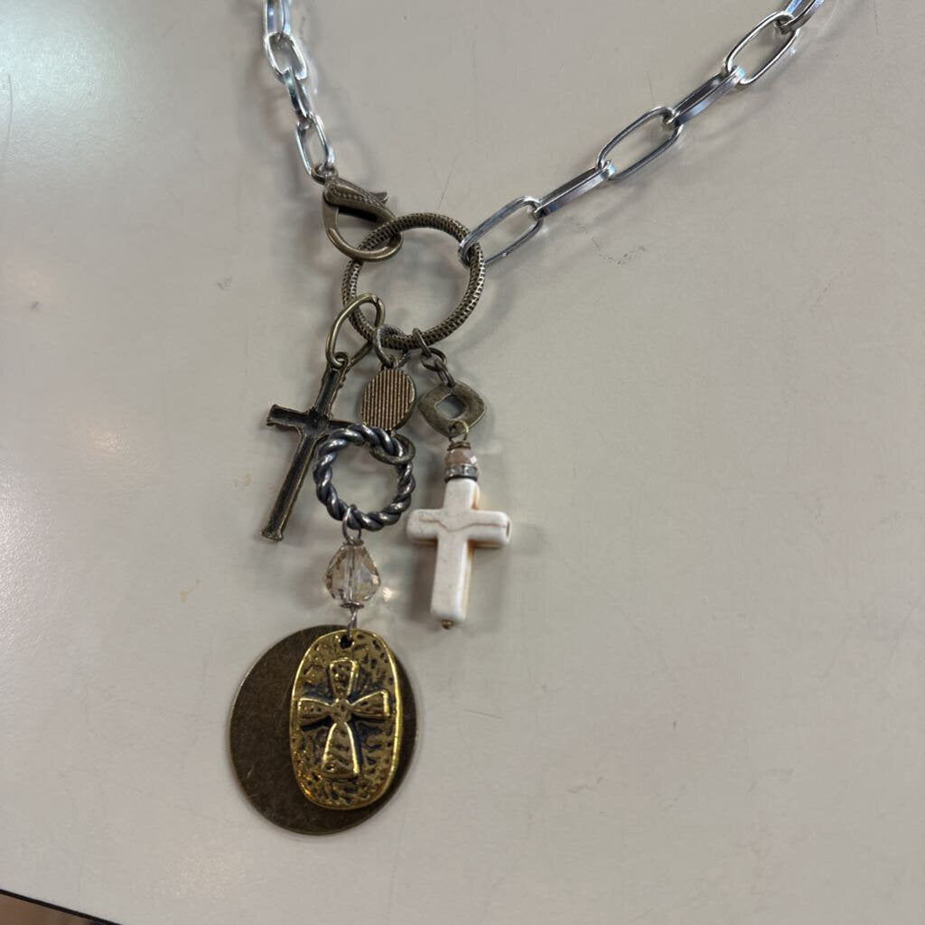 Silver/ Bronze Cross Layered Pendant Necklace