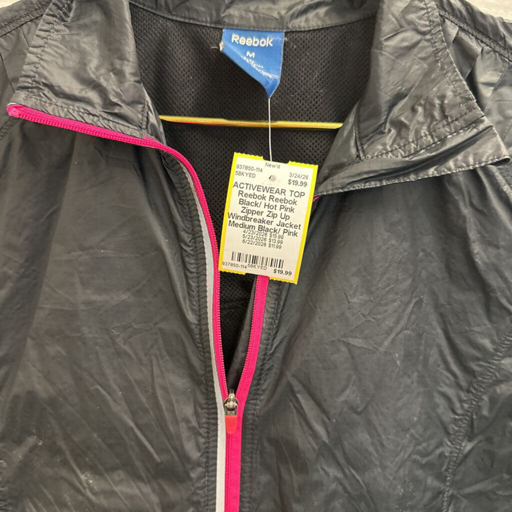 Reebok Black/ Hot Pink Zipper Zip Up Windbreaker Jacket Medium