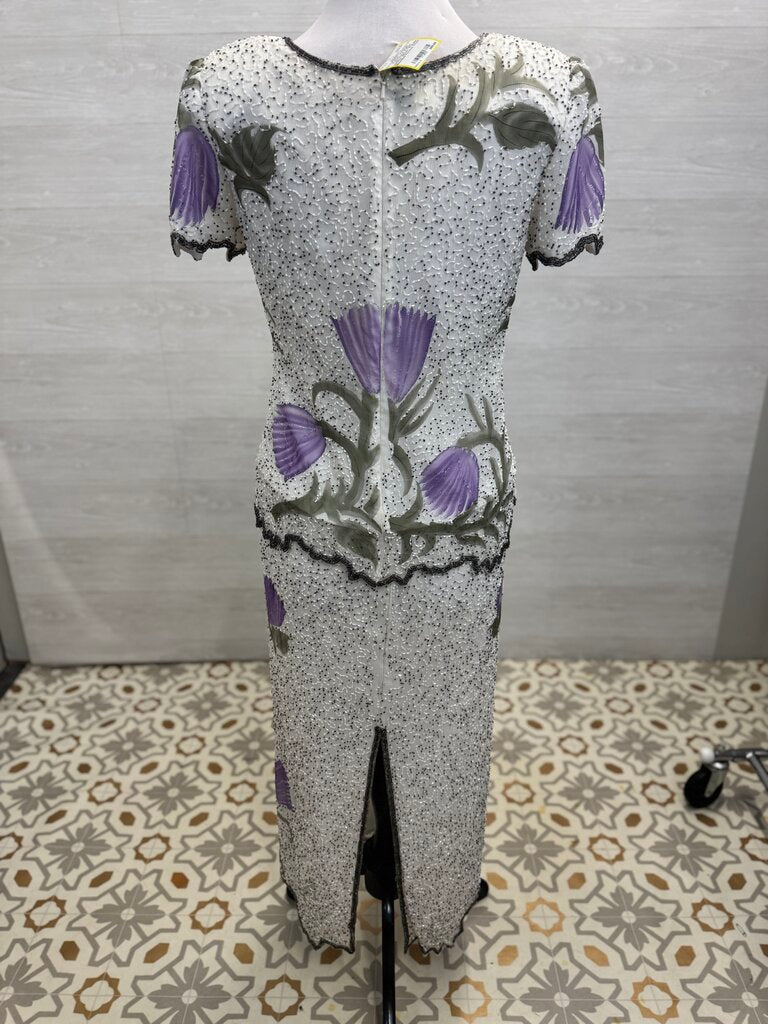 Vintage Laurence Kazar White/ Silver/ Purple Beaded Flower Print Short Sleeve Long Formal Dress Medium