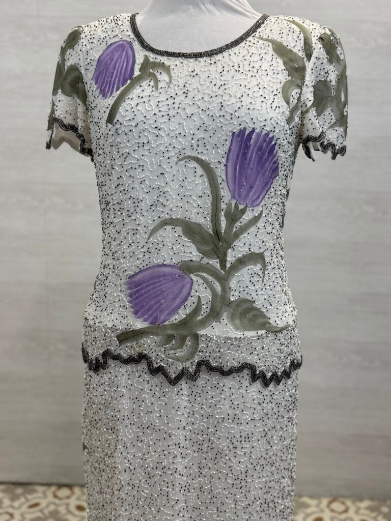 Vintage Laurence Kazar White/ Silver/ Purple Beaded Flower Print Short Sleeve Long Formal Dress Medium