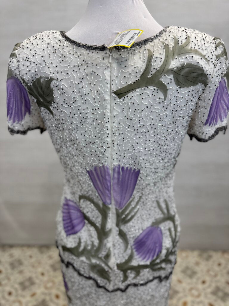 Vintage Laurence Kazar White/ Silver/ Purple Beaded Flower Print Short Sleeve Long Formal Dress Medium