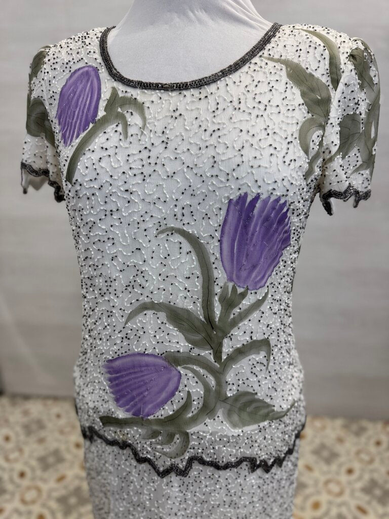 Vintage Laurence Kazar White/ Silver/ Purple Beaded Flower Print Short Sleeve Long Formal Dress Medium
