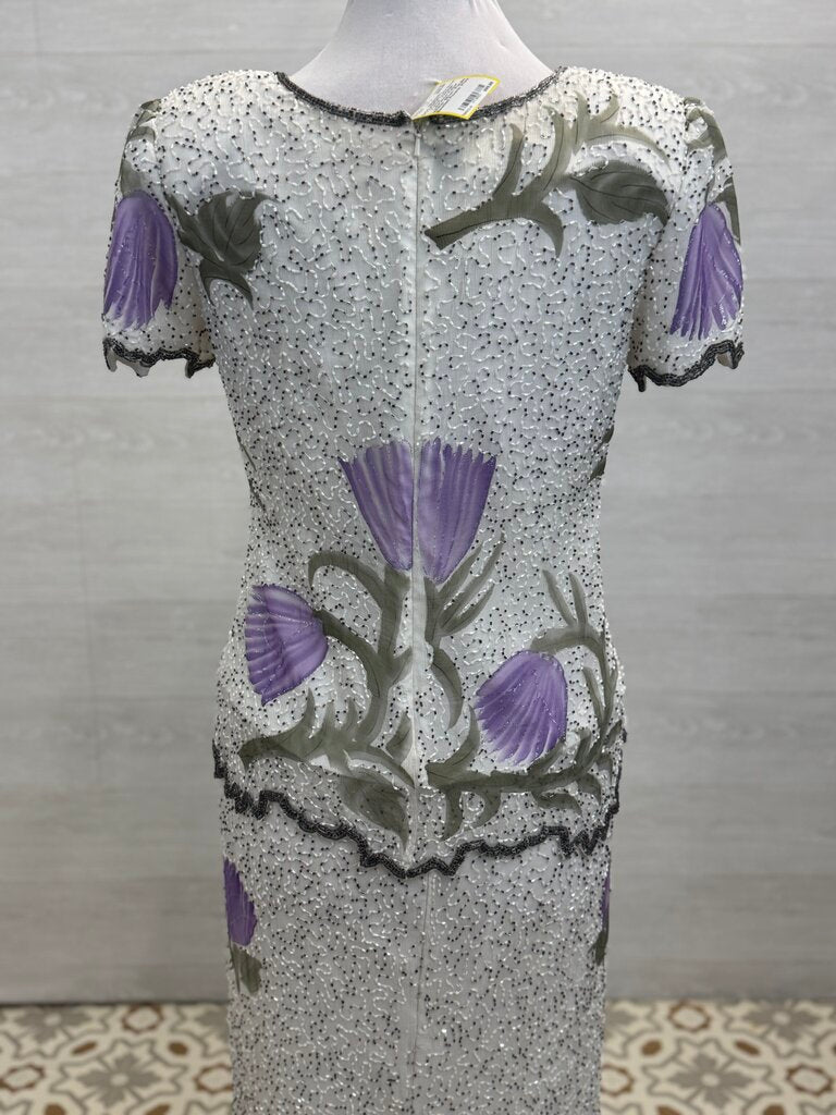 Vintage Laurence Kazar White/ Silver/ Purple Beaded Flower Print Short Sleeve Long Formal Dress Medium