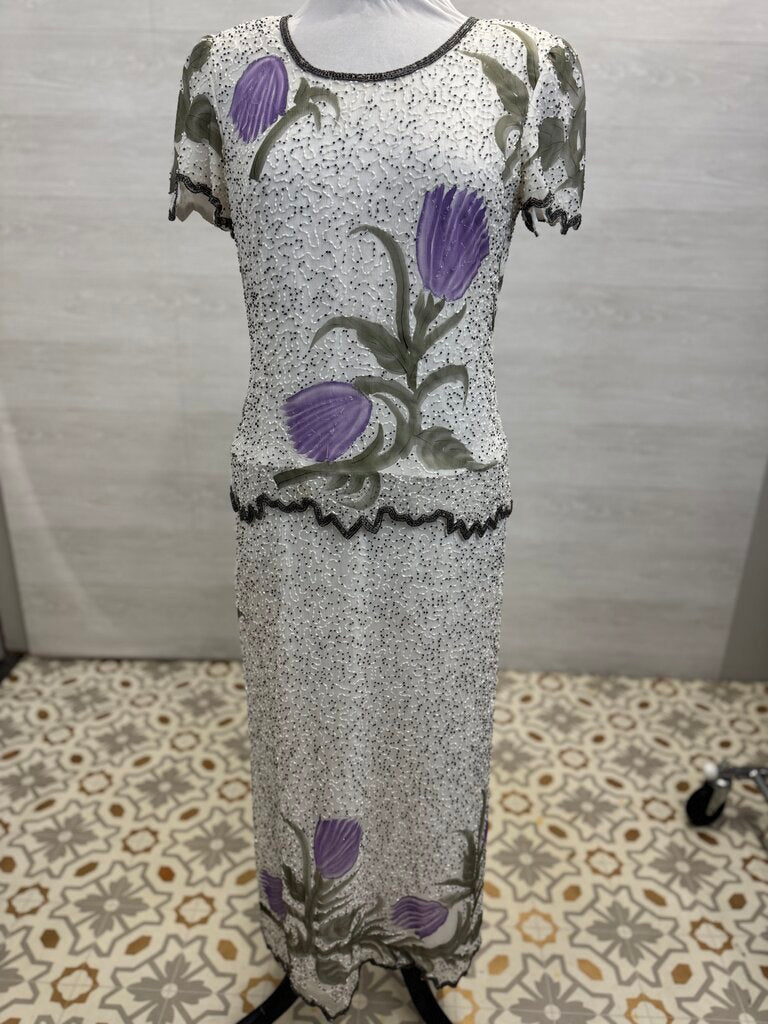 Vintage Laurence Kazar White/ Silver/ Purple Beaded Flower Print Short Sleeve Long Formal Dress Medium