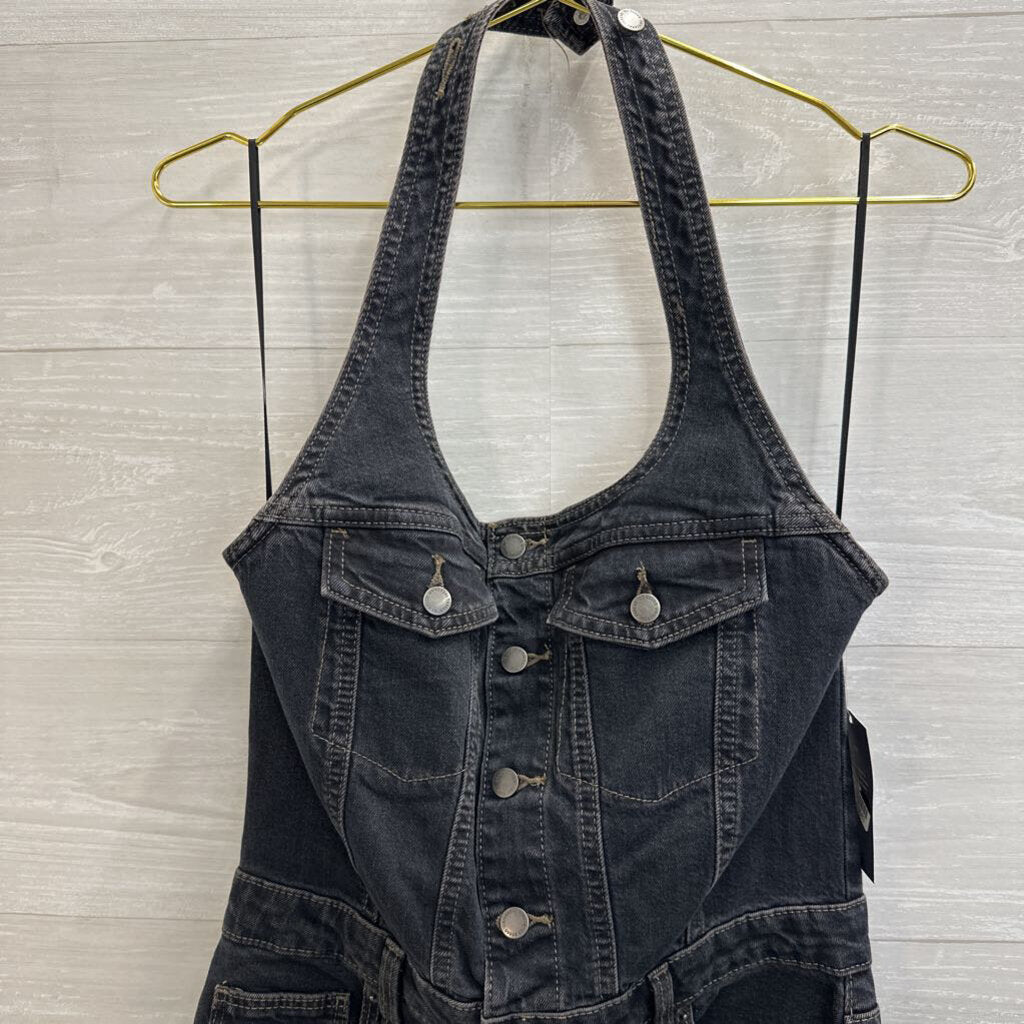 Dark Blue Denim Halter Neck Midi Dress 8
