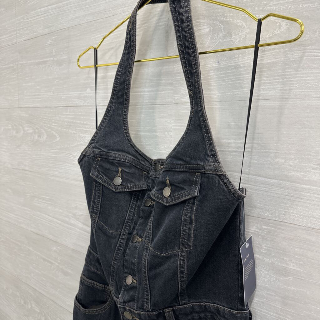Dark Blue Denim Halter Neck Midi Dress 8