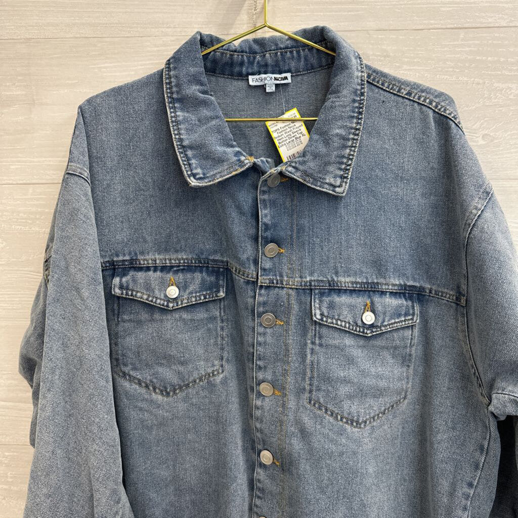Fashion Nova Medium Wash Frayed Hem Long Sleeve Button Down Top Extra Large