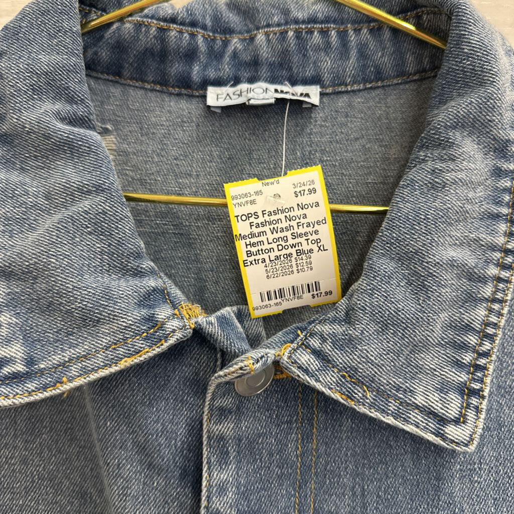 Fashion Nova Medium Wash Frayed Hem Long Sleeve Button Down Top Extra Large