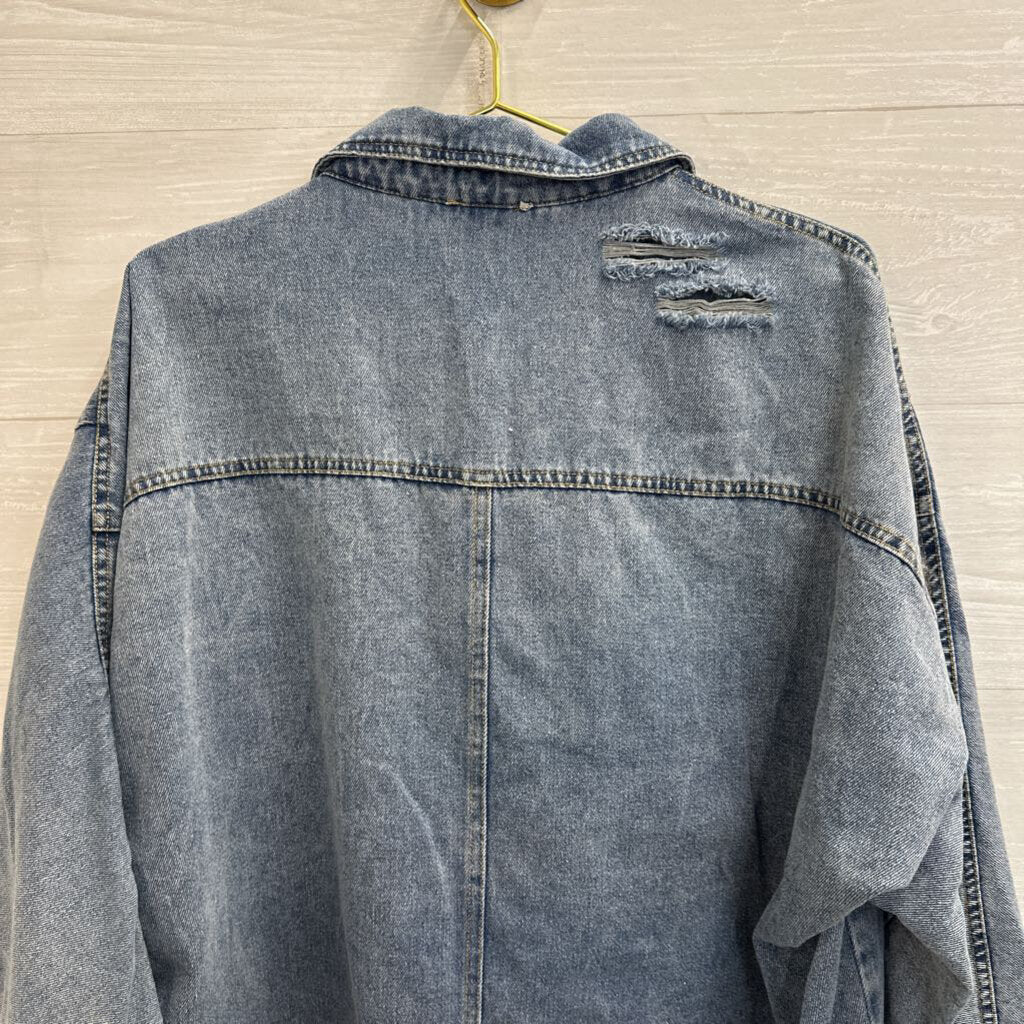 Fashion Nova Medium Wash Frayed Hem Long Sleeve Button Down Top Extra Large