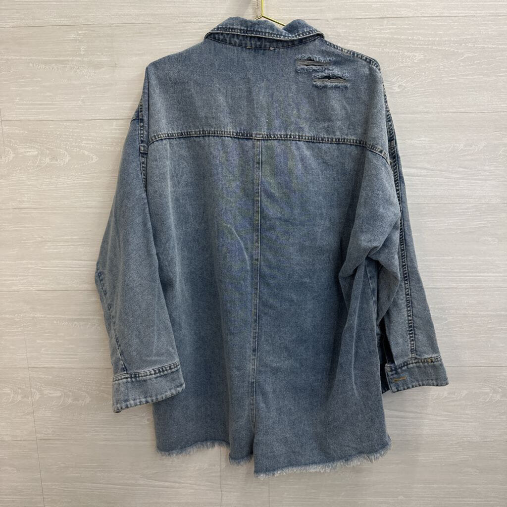 Fashion Nova Medium Wash Frayed Hem Long Sleeve Button Down Top Extra Large