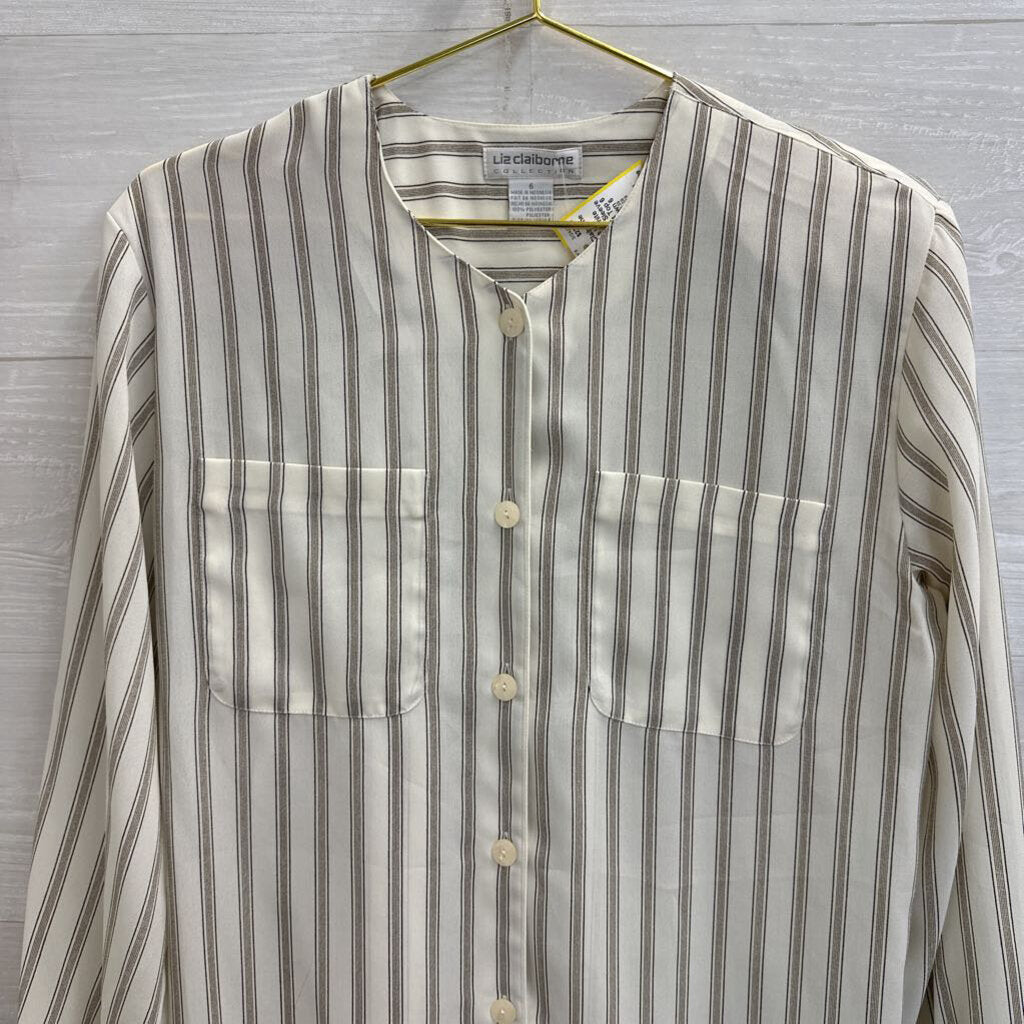 Vintage Liz Claiborne White Striped Long Sleeve Button Front Top 6